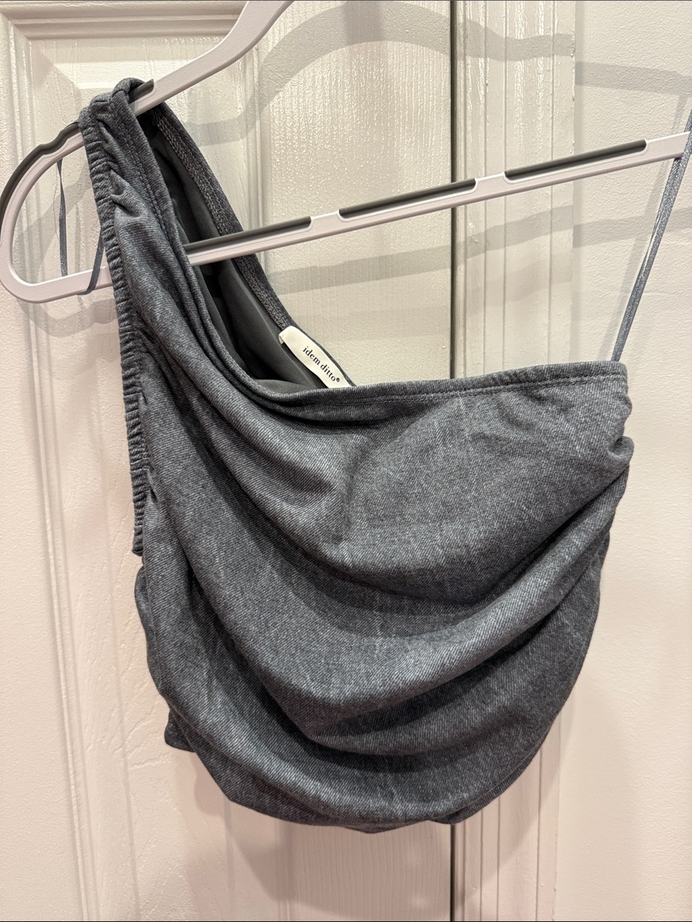 One-Shoulder Draped Top in Charcoal Gray. Size small